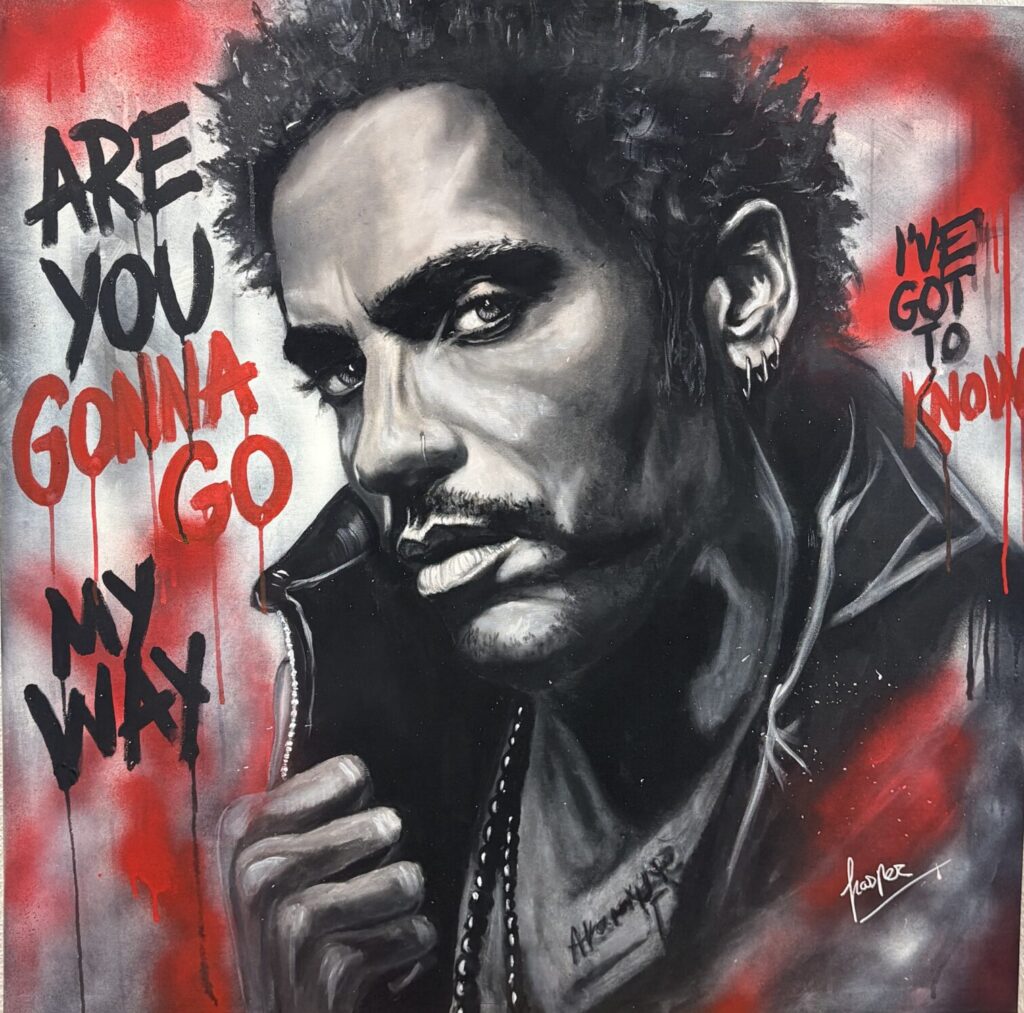 Retrato de Lenny Kravitz pintado por Nasper, arte urbano estilo grafiti, cuadro original "Are You Gonna Go My Way"