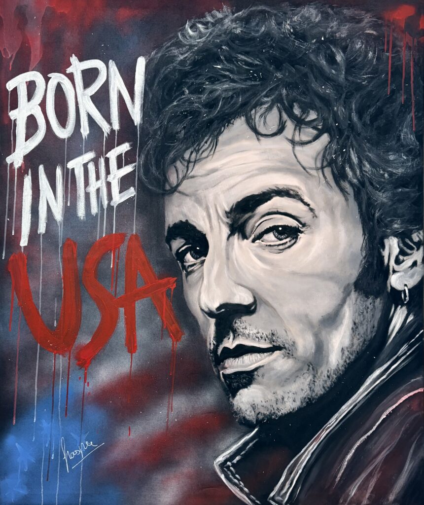 Retrato de Bruce Springteen pintado por Nasper, arte urbano estilo grafiti, cuadro original "Born in the USA"