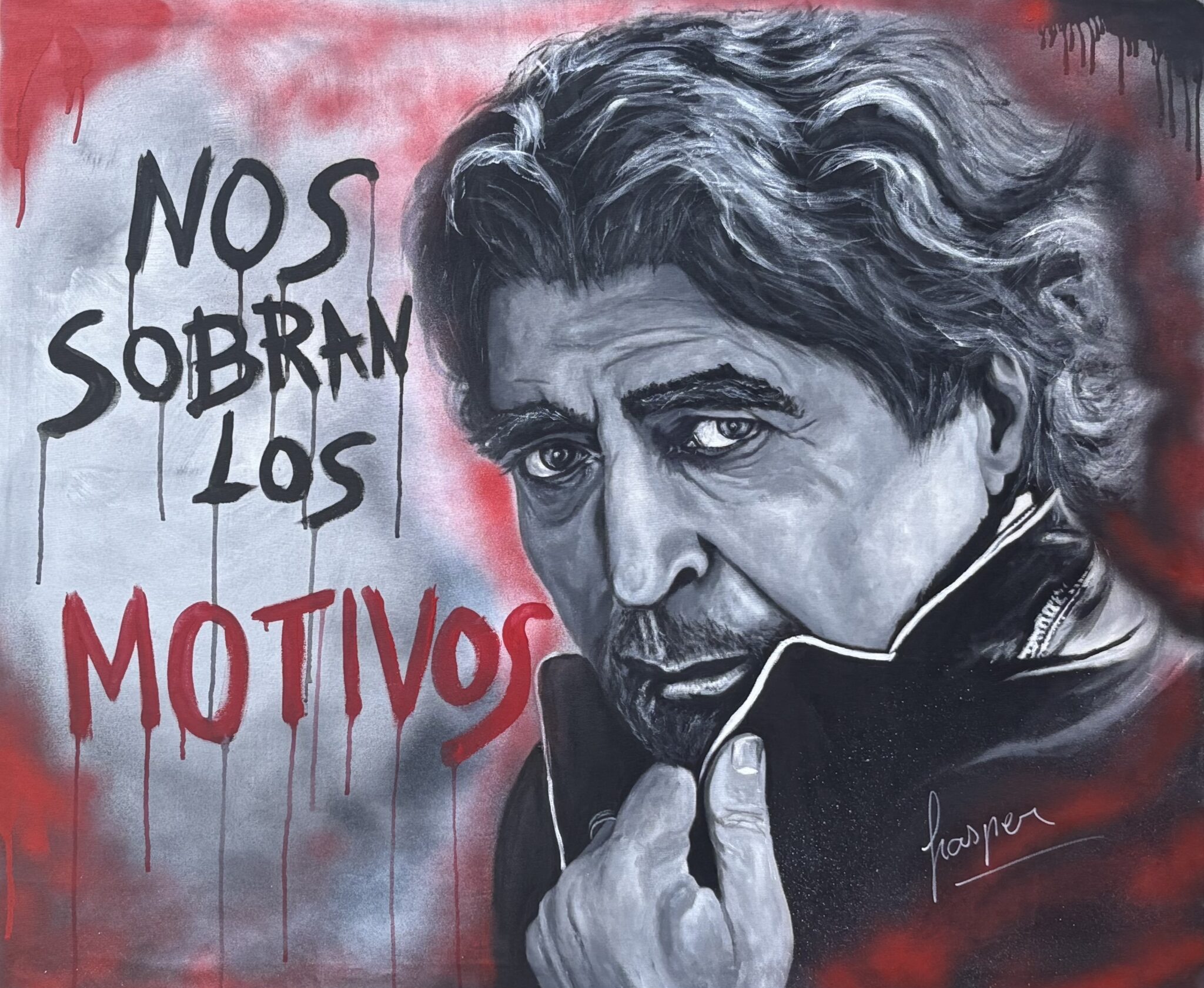 Retrato de Joaquin Sabina pintado por Nasper, arte urbano, cuadro original "Motivos"